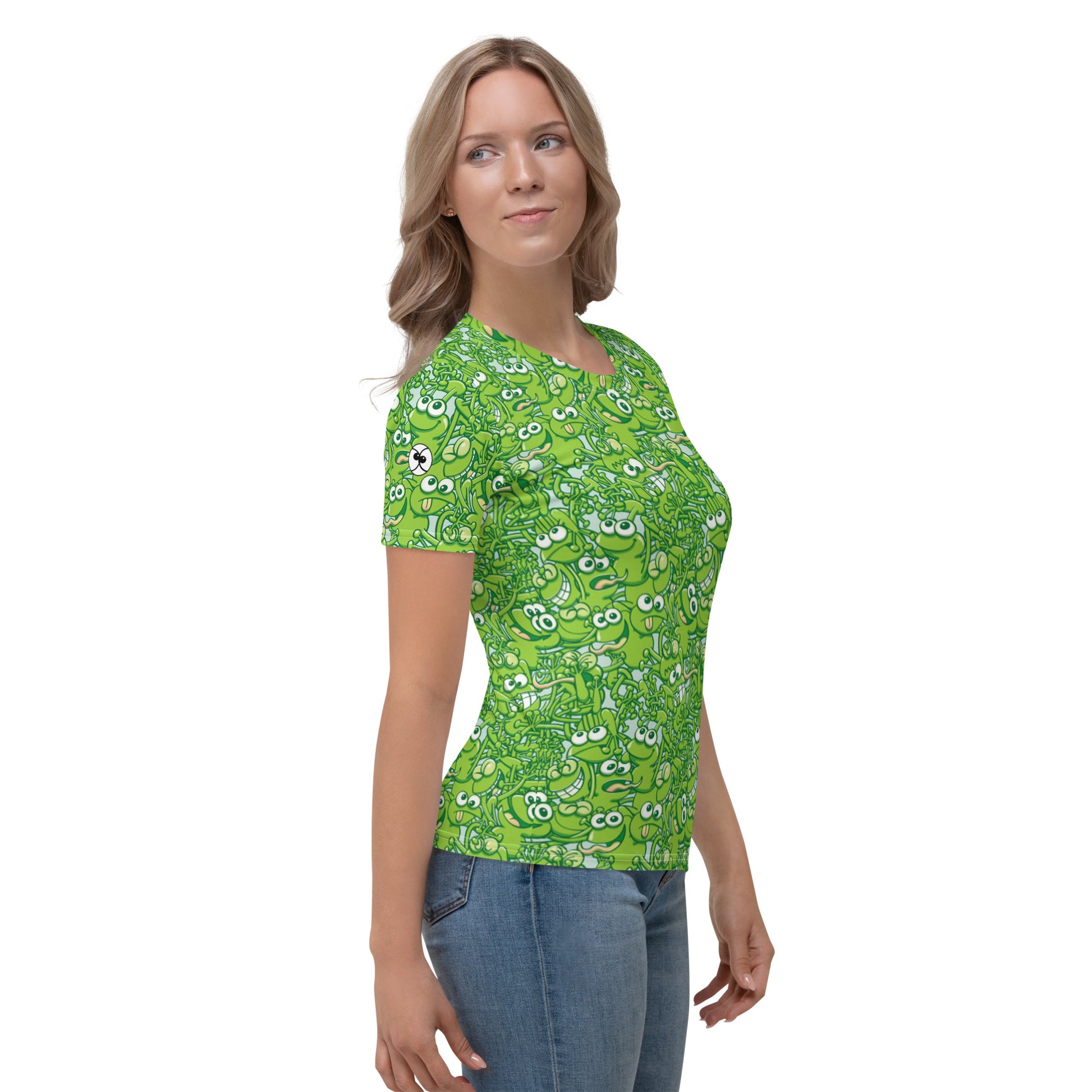 A tangled army of happy green frogs appears when the rain stops Women's T-shirt. Side view