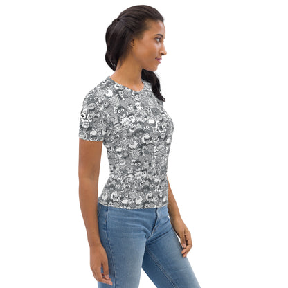 Find the gray man in the gray crowd of this gray world Women's T-shirt. Side view