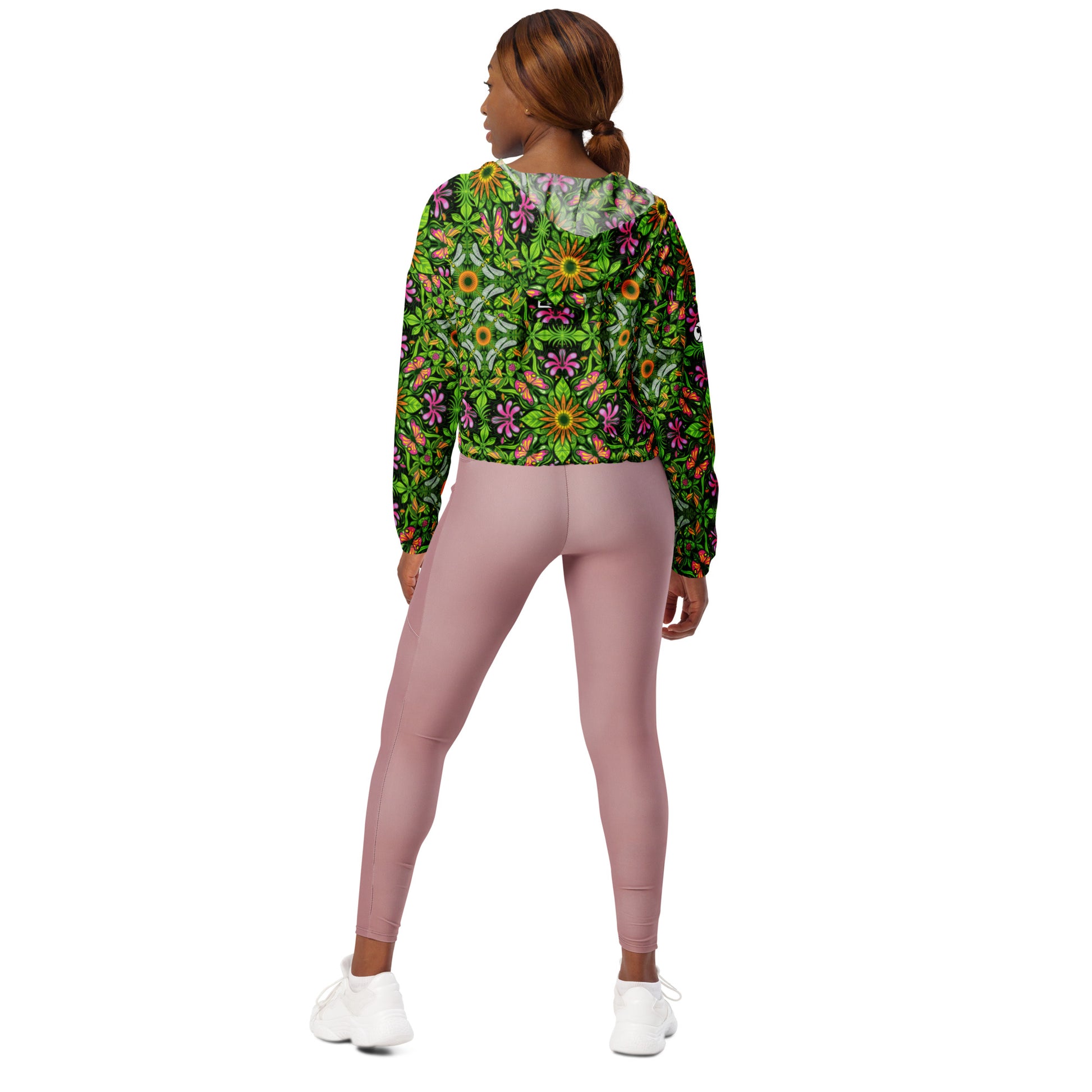 Magical garden full of flowers and insects Women’s cropped windbreaker. Backview