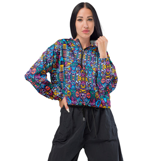 Whimsical design featuring multicolor critters from another world Women’s cropped windbreaker. Front view