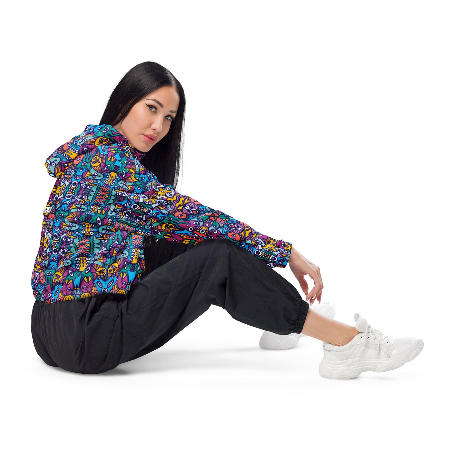 Whimsical design featuring multicolor critters from another world Women’s cropped windbreaker. Lifestyle
