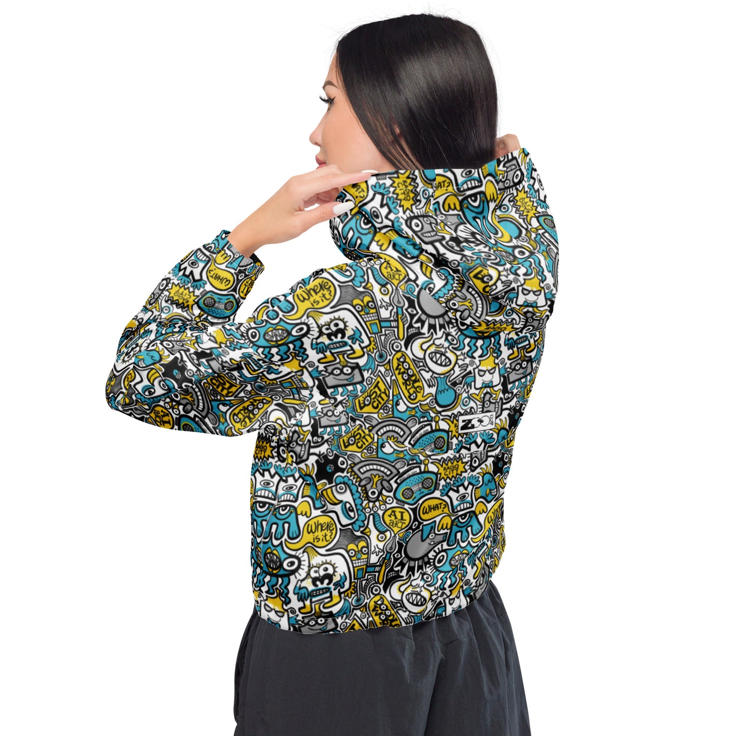 Discover a whole Doodle world buzzing in Lost city Women’s cropped windbreaker. Back view