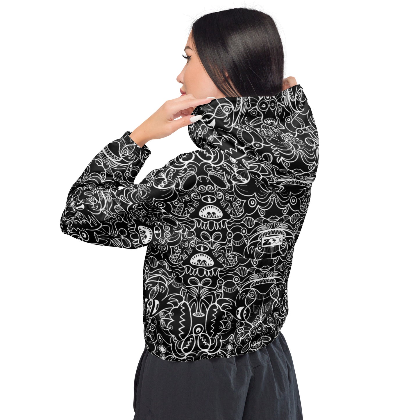 The powerful dark side of the Doodle world Women’s cropped windbreaker. Back view