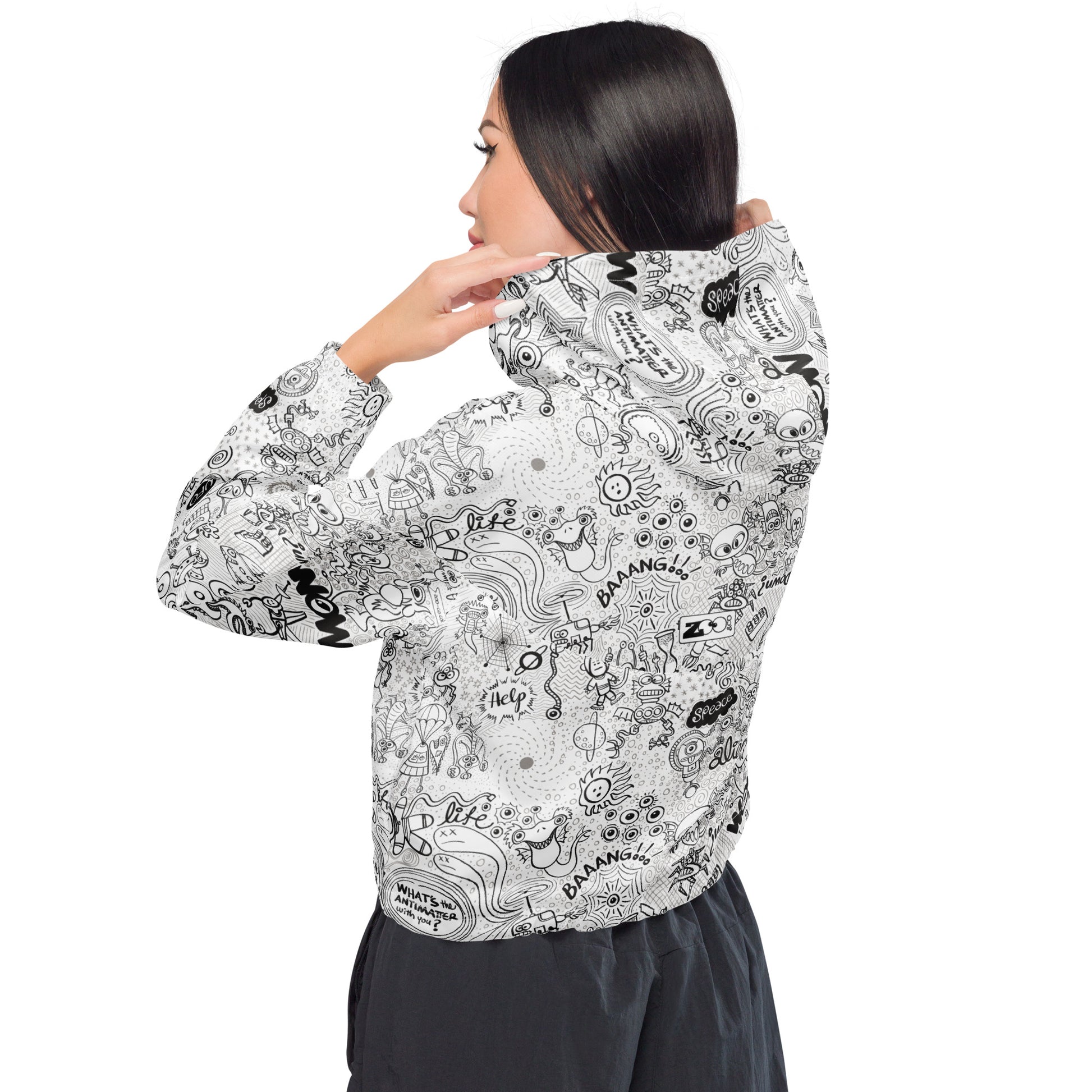 Celebrating the most comprehensive Doodle art of the universe Women’s cropped windbreaker. Back view