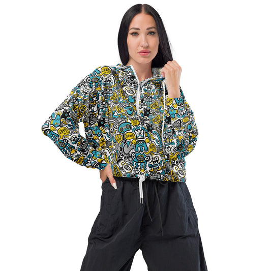 Discover a whole Doodle world buzzing in Lost city Women’s cropped windbreaker. Front view