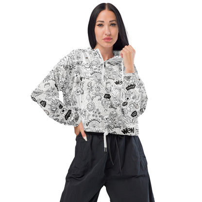 Celebrating the most comprehensive Doodle art of the universe Women’s cropped windbreaker. Front view