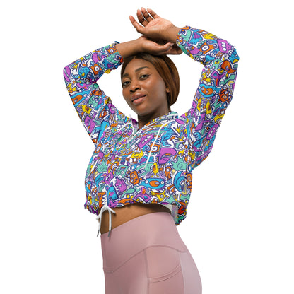 Funny multicolor doodle world Women’s cropped windbreaker. Lifestyle
