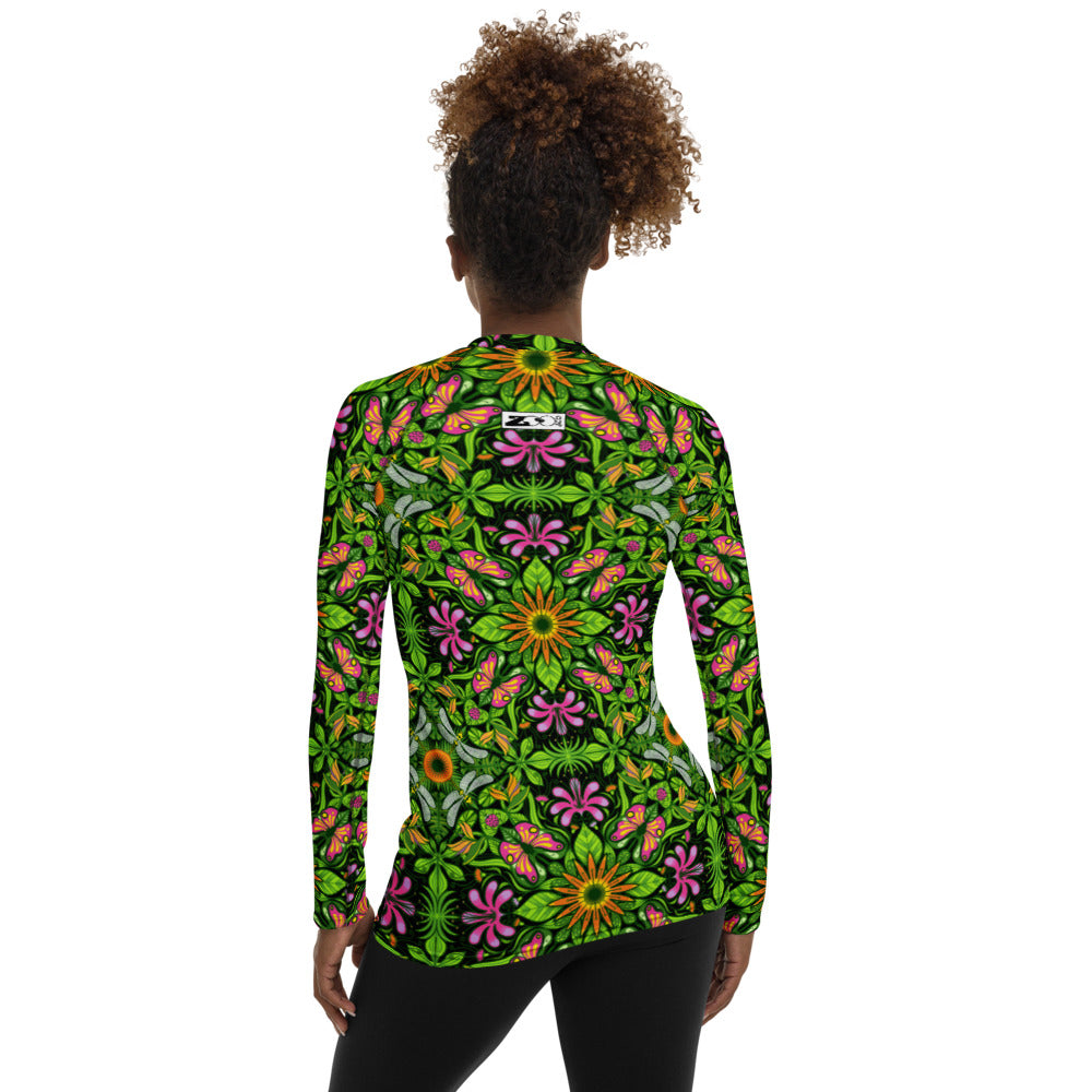 Magical garden full of flowers and insects Women's All over print Rash Guard. Back view