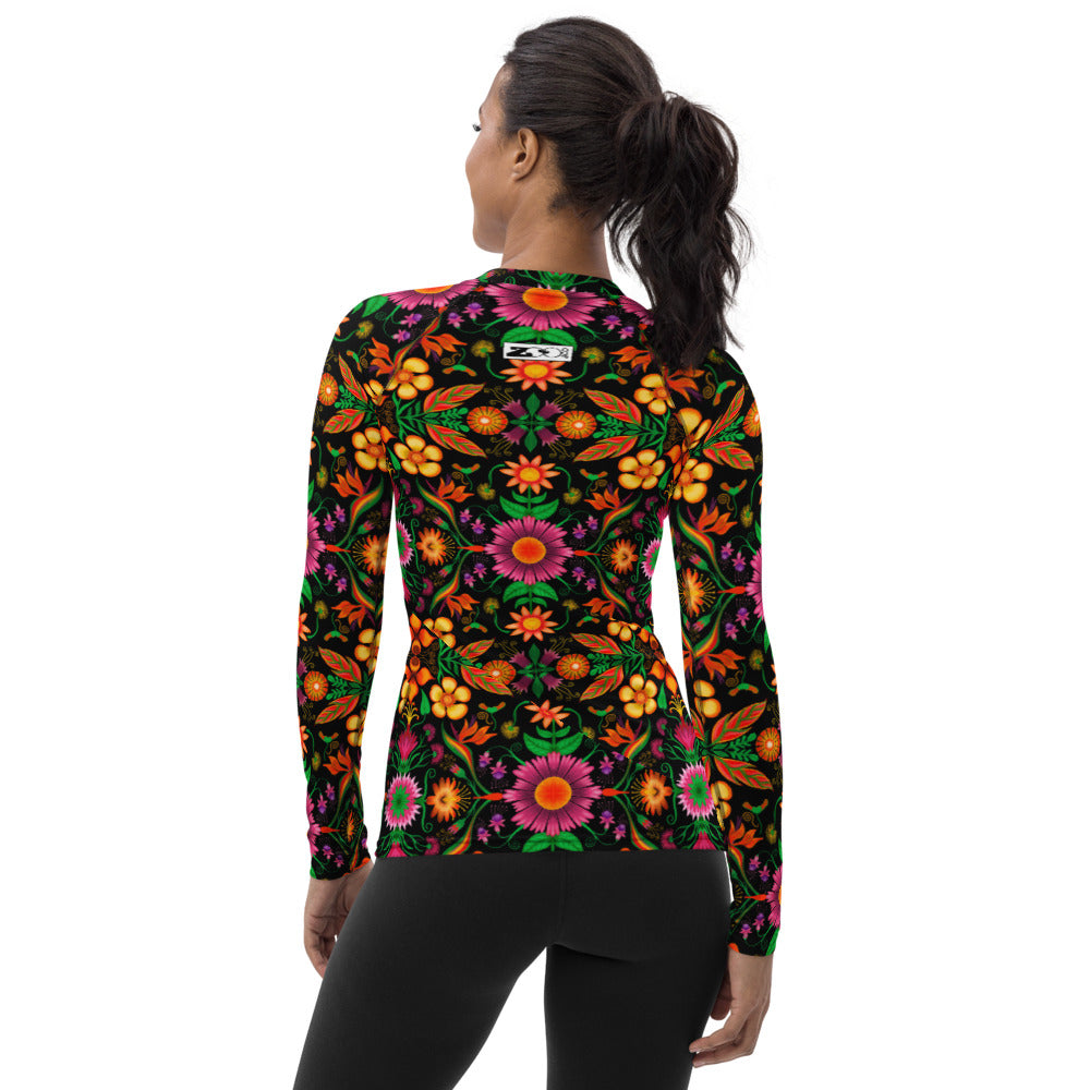 Wild flowers in a luxuriant jungle All over print Women's Rash Guard. Back view