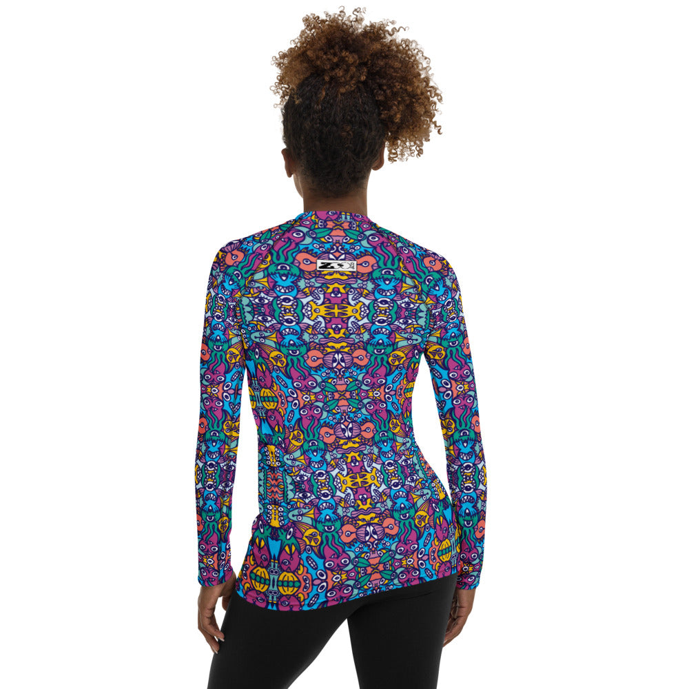 Whimsical design featuring multicolor critters from another world Women's Rash Guard. Back view