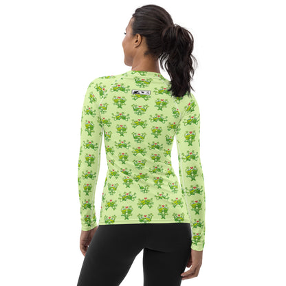 Green frogs are calling for love Women's Rash Guard. Back view