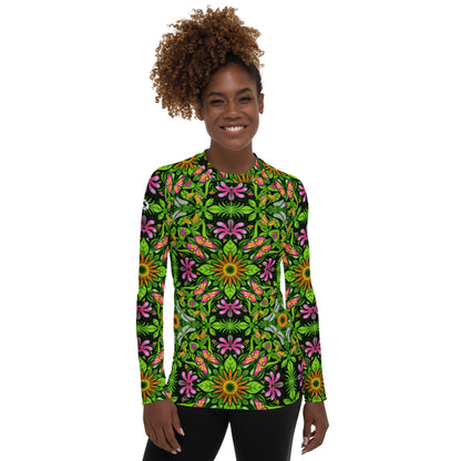 Magical garden full of flowers and insects Women's All over print Rash Guard. Front view