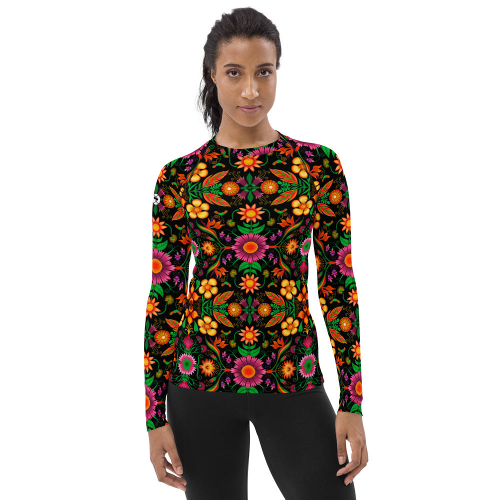 Wild flowers in a luxuriant jungle All over print Women's Rash Guard. Front view