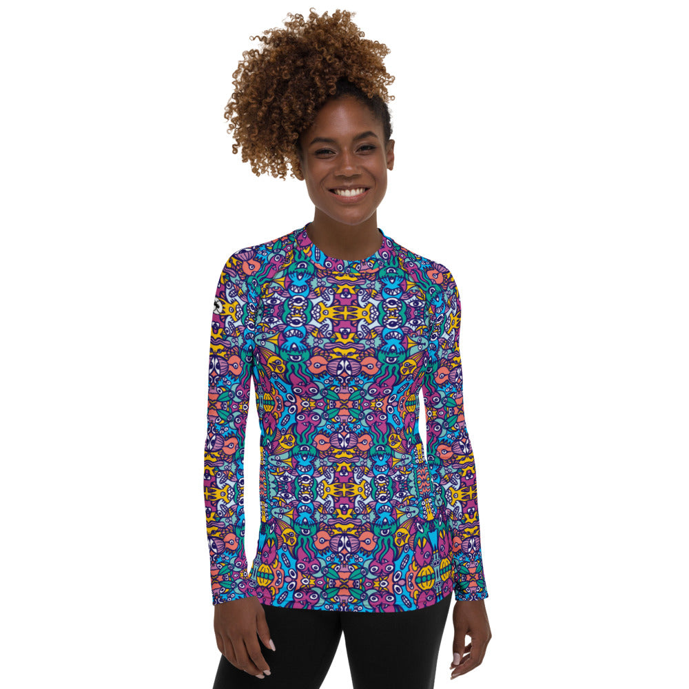 Whimsical design featuring multicolor critters from another world Women's Rash Guard. Front view