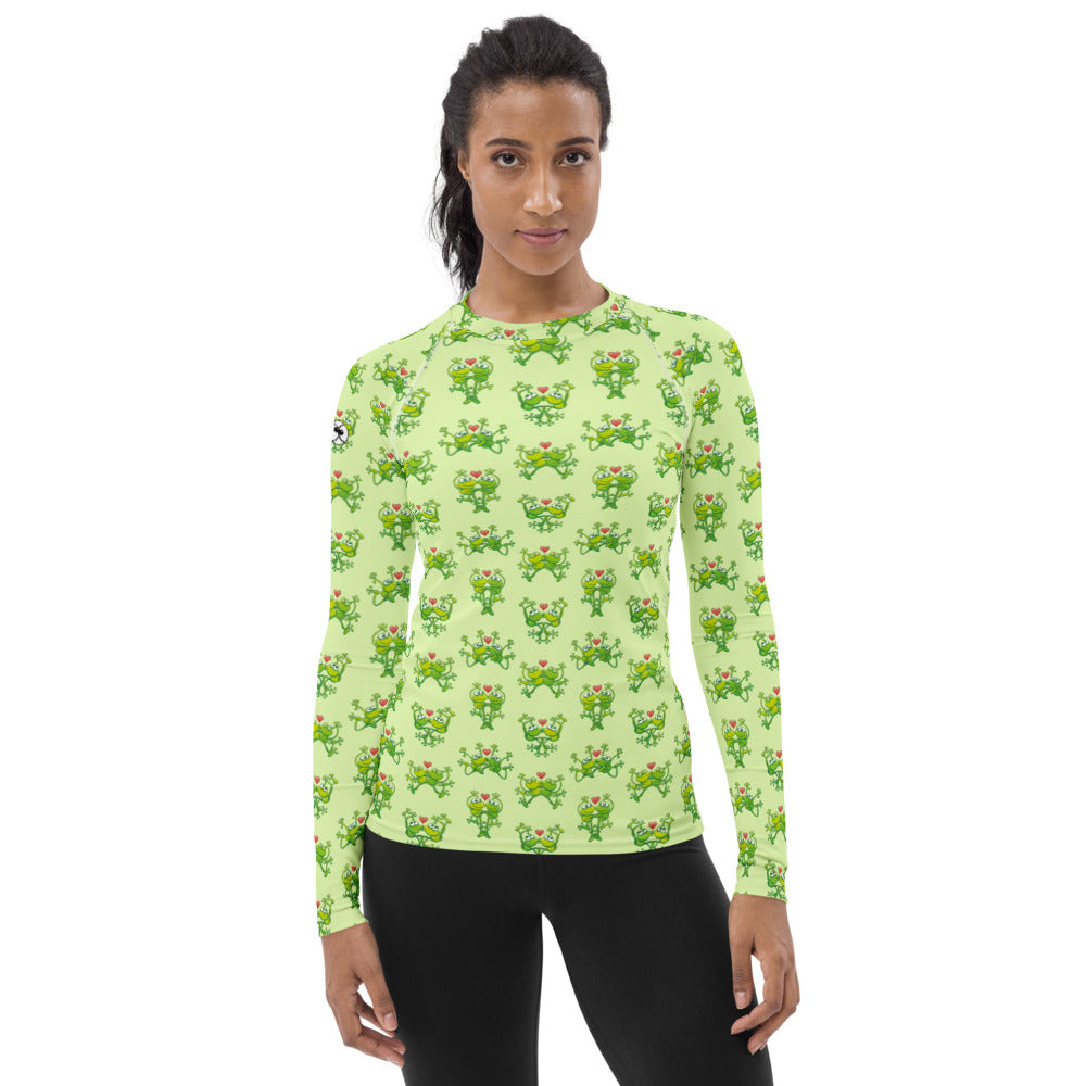 Green frogs are calling for love Women's Rash Guard. Front view
