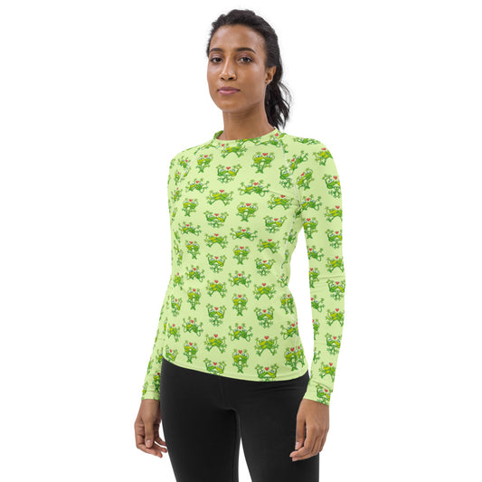 Green frogs are calling for love Women's Rash Guard. Side view