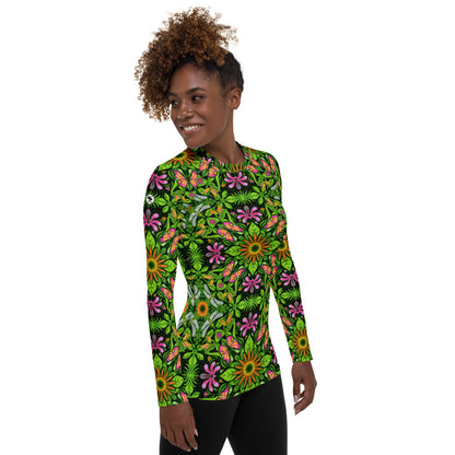Magical garden full of flowers and insects Women's All over print Rash Guard. Side view