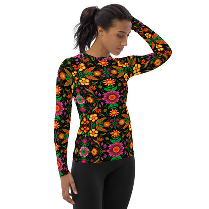 Wild flowers in a luxuriant jungle All over print Women's Rash Guard. Side view