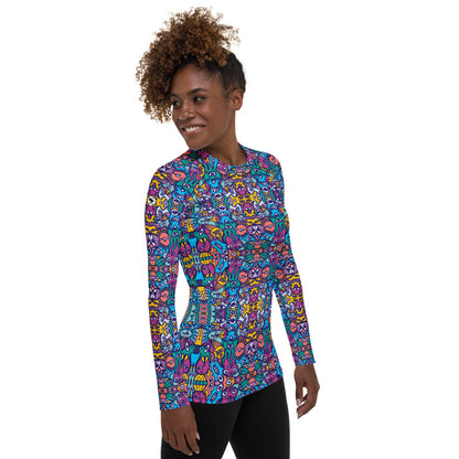 Whimsical design featuring multicolor critters from another world Women's Rash Guard. Side view