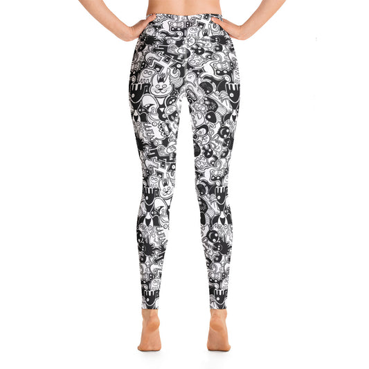 Joyful crowd of black and white doodle creatures Yoga Leggings. Back view
