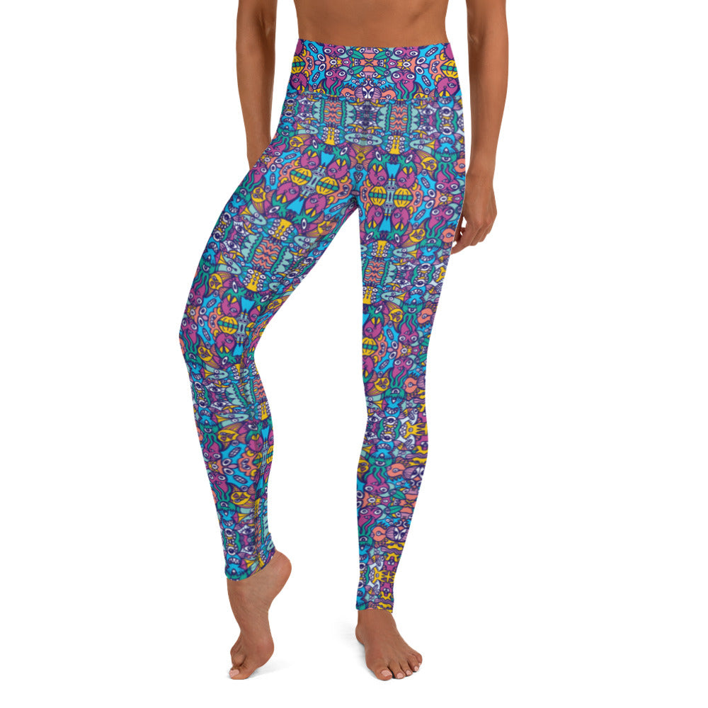 Whimsical design featuring multicolor critters from another world Yoga Leggings. Front view