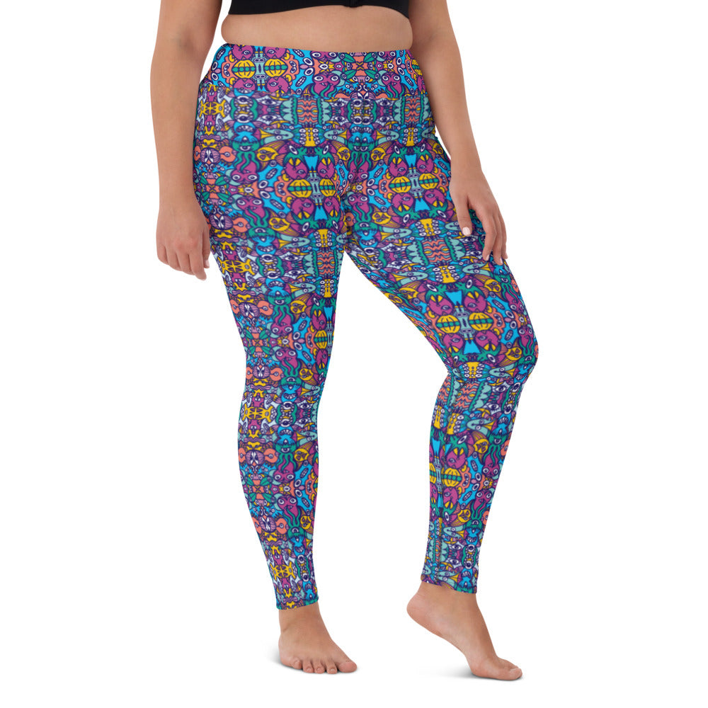 Whimsical design featuring multicolor critters from another world Yoga Leggings. Side view. XL size