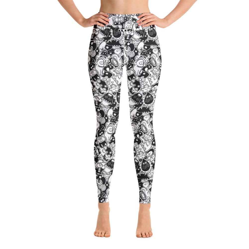Joyful crowd of black and white doodle creatures Yoga Leggings. Front view