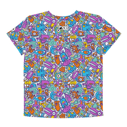 Funny multicolor doodle world Youth crew neck t-shirt. Back view