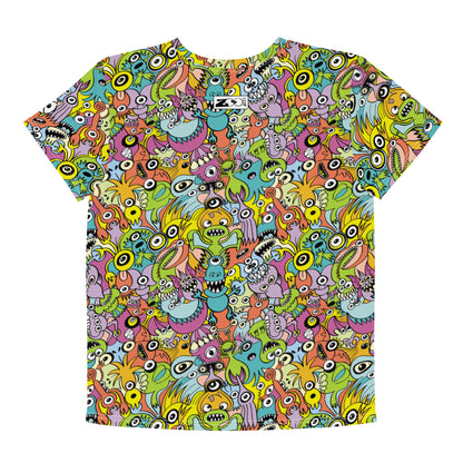 Funny monsters fighting for the best spot for a pattern design Youth crew neck t-shirt. Back view