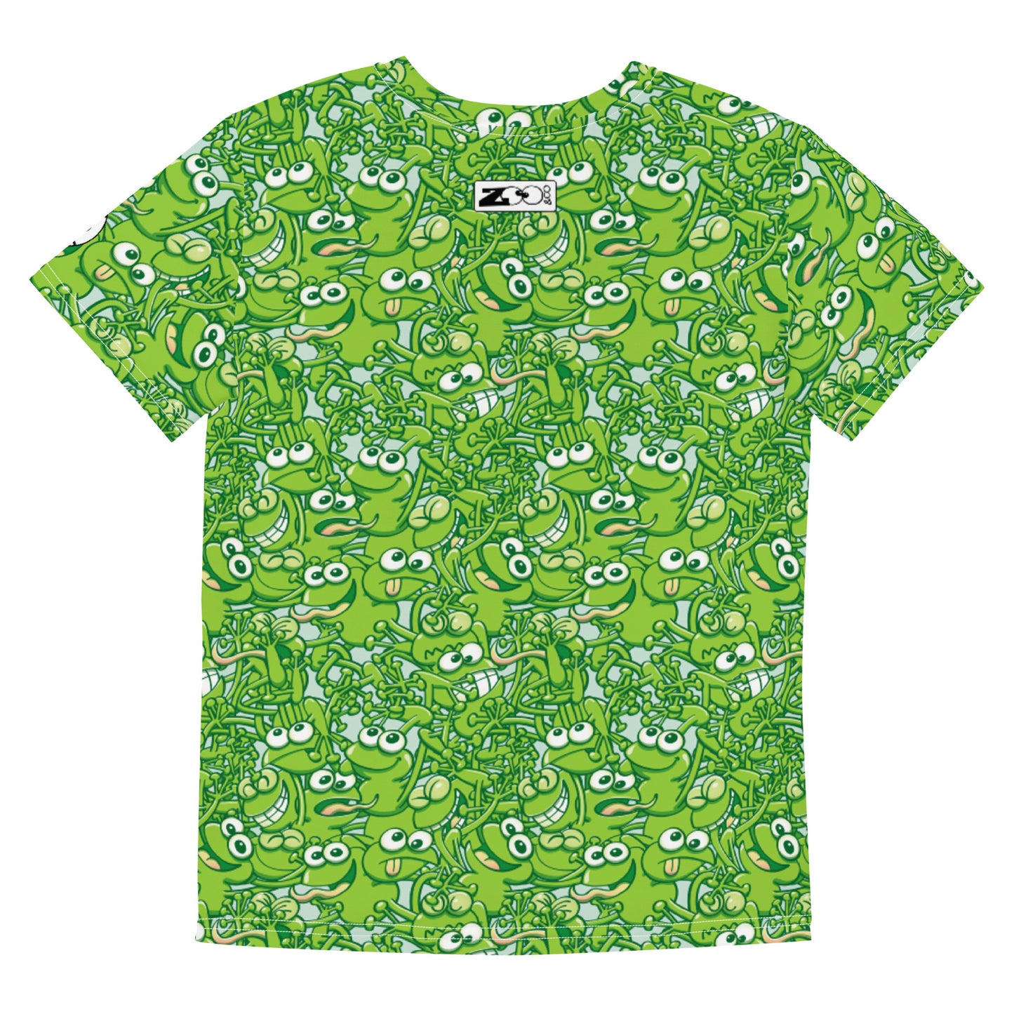 A tangled army of happy green frogs appears when the rain stops Youth crew neck t-shirt. Back view