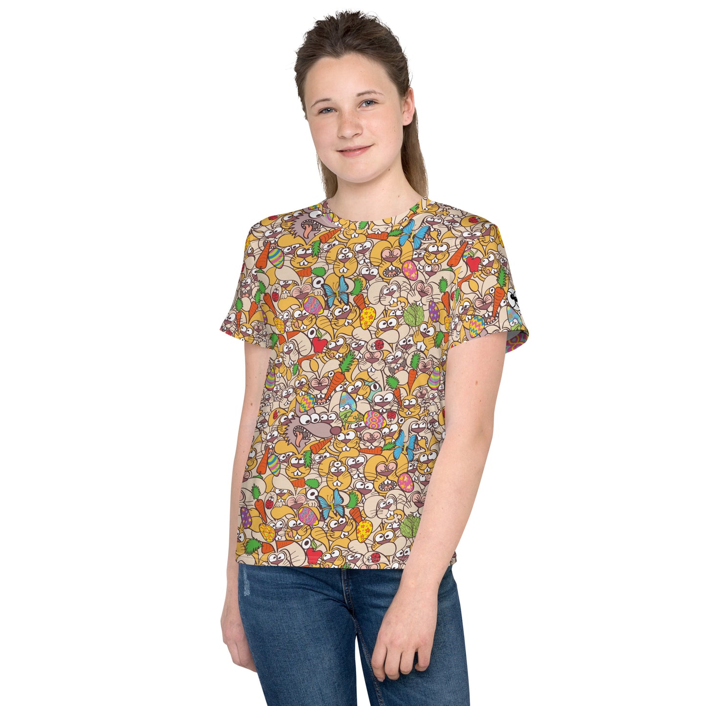 Teen girl wearing Youth crew neck t-shirt all-over printed with Thousands of crazy bunnies celebrating Easter