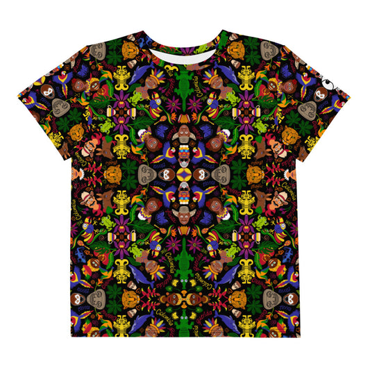 Colombia, the charm of a magical country Youth crew neck t-shirt. Front view. All-over print