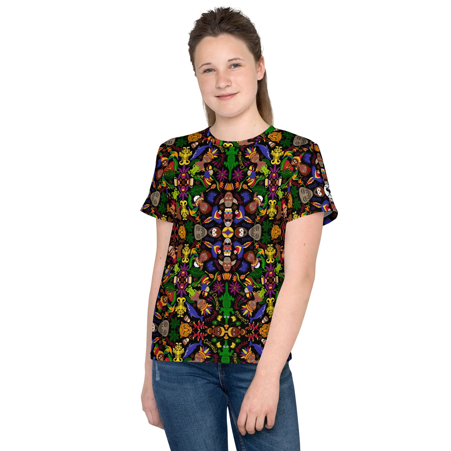 Beautiful girl wearing a Youth crew neck t-shirt printed with Colombia, the charm of a magical country. Front view. All-over print