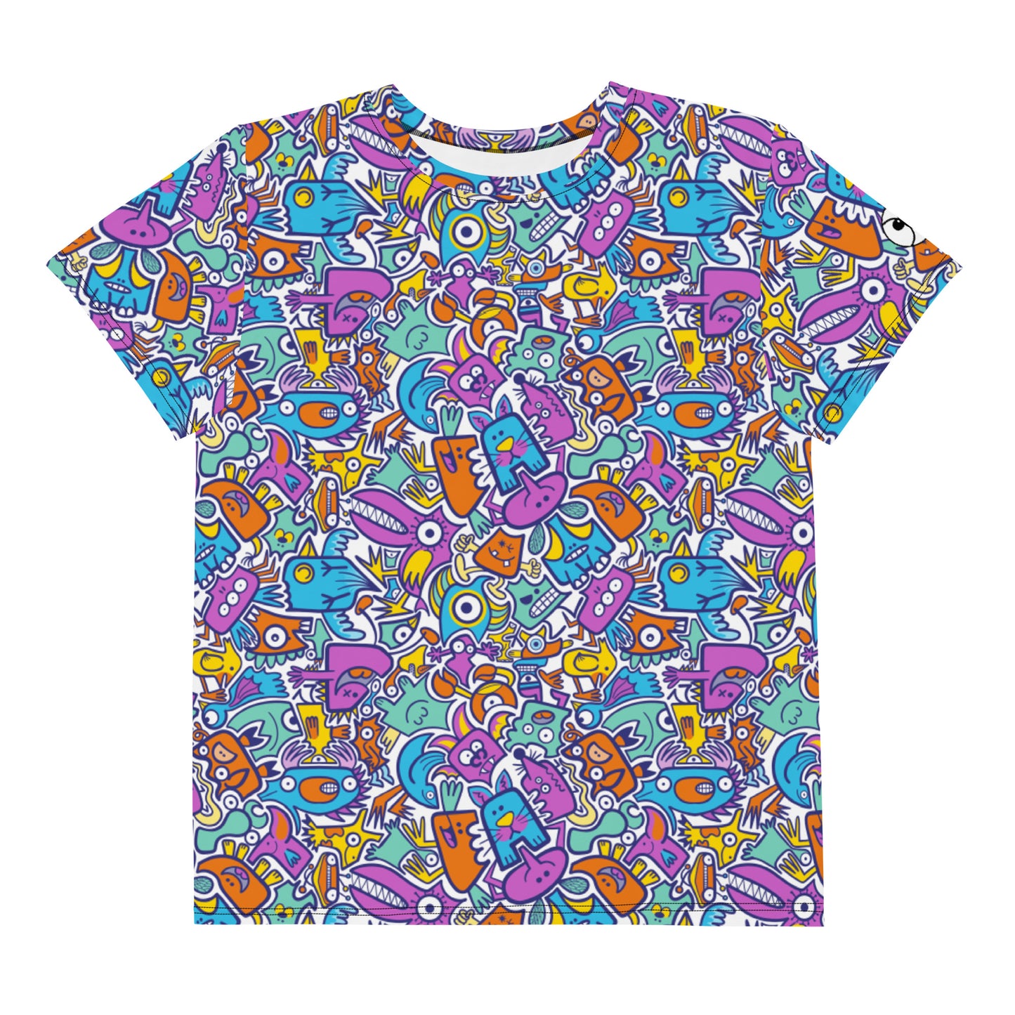 Funny multicolor doodle world Youth crew neck t-shirt. Front view