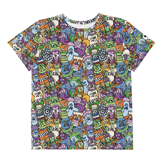 All the spooky Halloween monsters in a pattern design Youth crew neck t-shirt. Front view