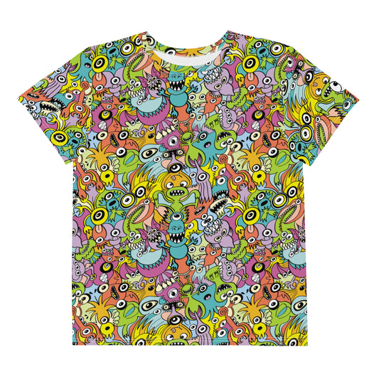 Funny monsters fighting for the best spot for a pattern design Youth crew neck t-shirt. Front view