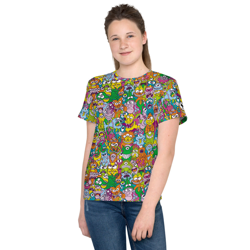 Terrific creatures ready for a horror movie Youth crew neck t-shirt. Girl wearing All-over print T-Shirt