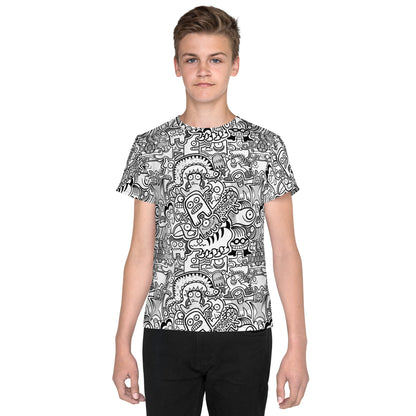 Fill your world with cool doodles Youth crew neck t-shirt. Nice boy wearing all-over print T-Shirt by Zoo&co