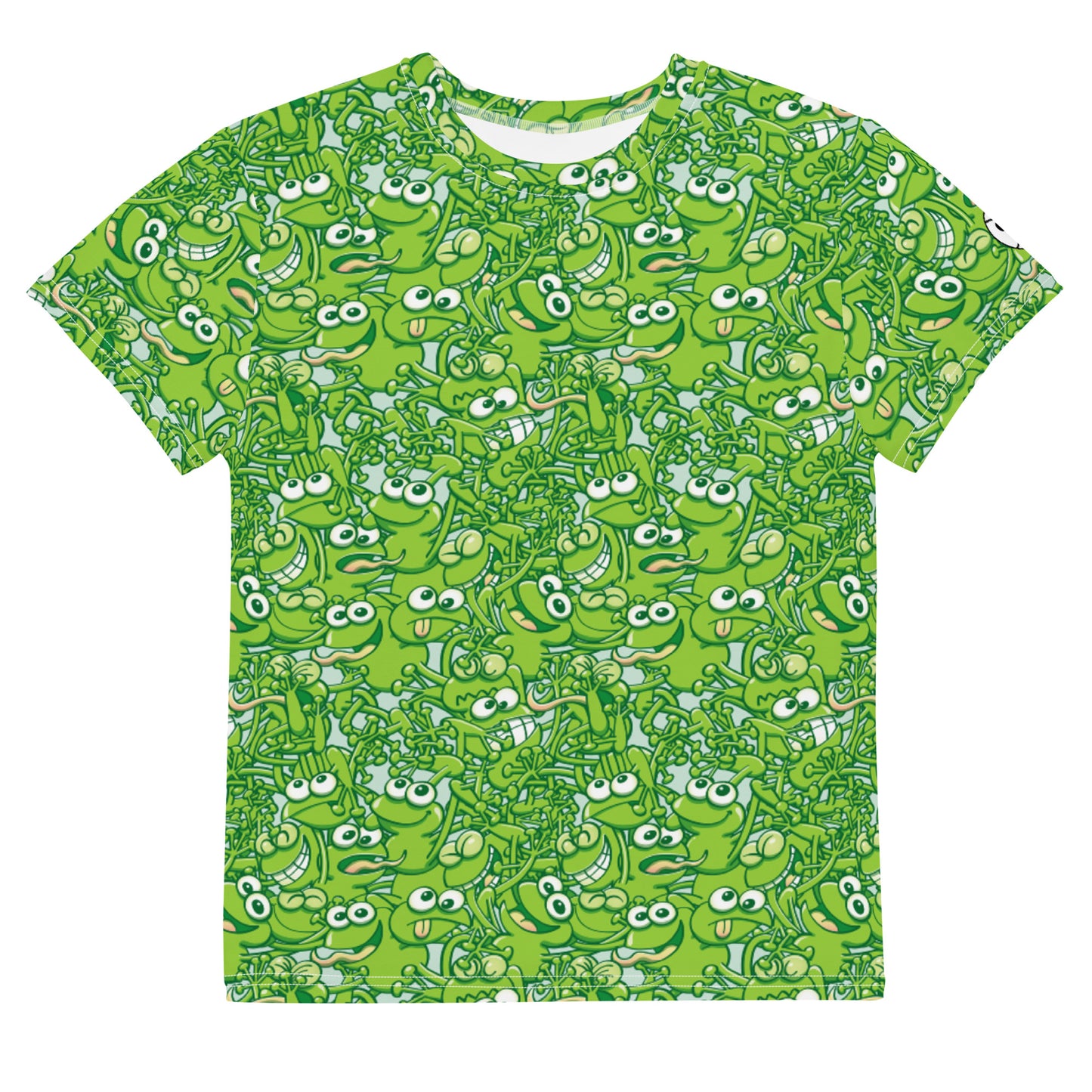 A tangled army of happy green frogs appears when the rain stops Youth crew neck t-shirt. Front view