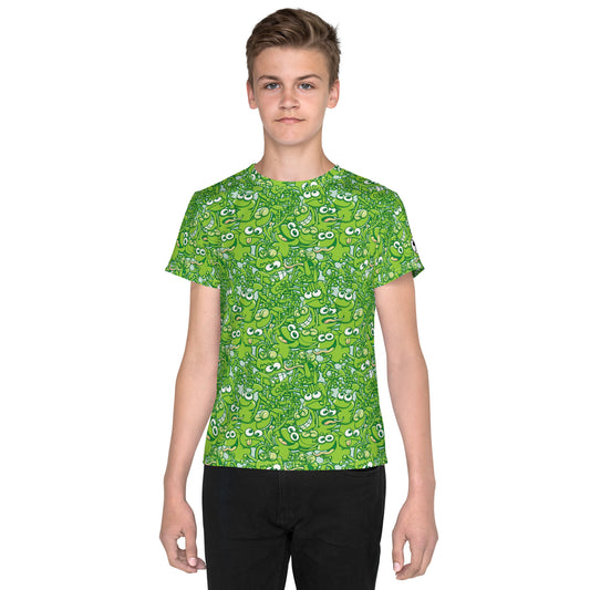 A tangled army of happy green frogs appears when the rain stops Youth crew neck t-shirt. Cool boy wearing All over print T-Shirt by Zoo&co