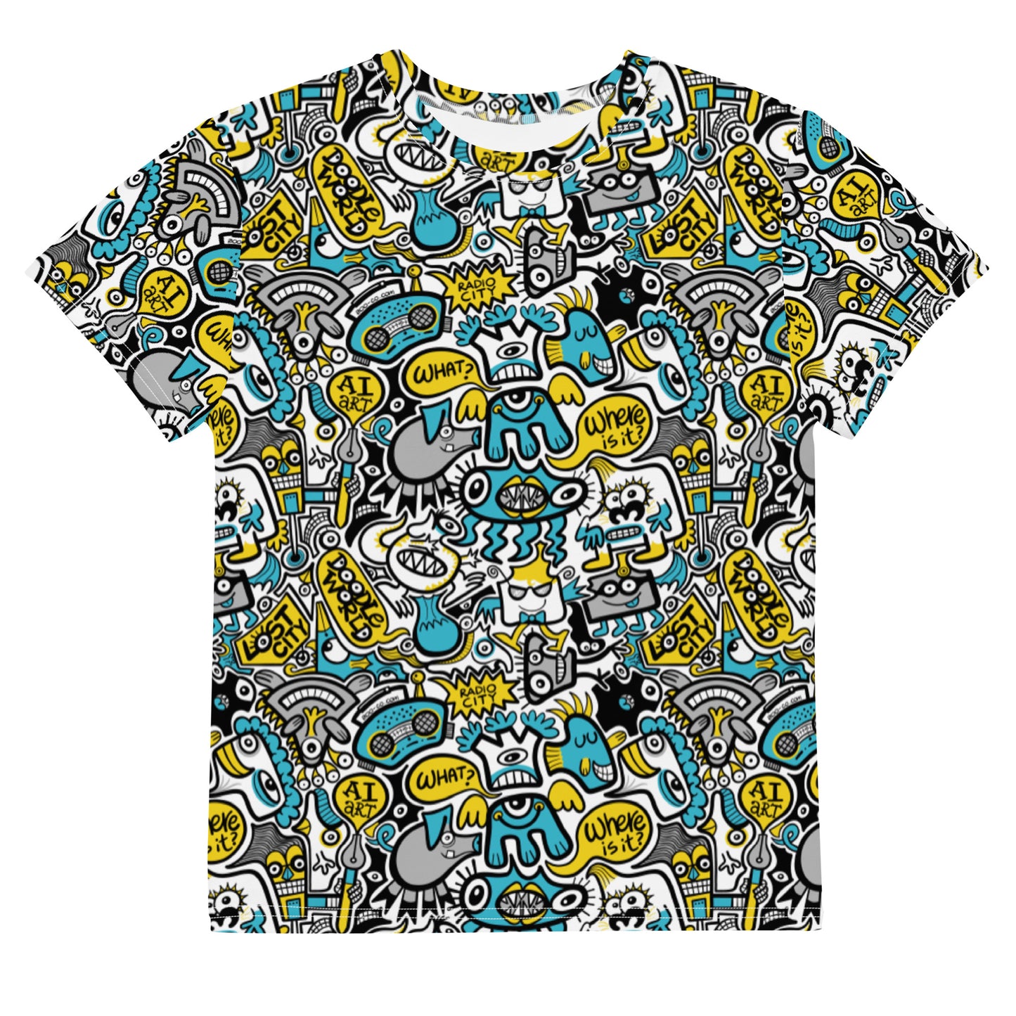 Discover a whole Doodle world in Lost city Youth crew neck t-shirt. Front view