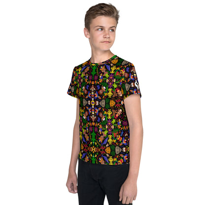 Young boy wearing a Youth crew neck t-shirt printed with Colombia, the charm of a magical country. Front view. All-over print