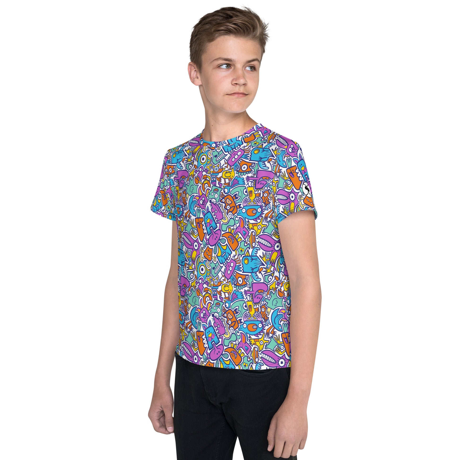 Young boy wearing Youth crew neck t-shirt All-over printed with Funny multicolor doodle world