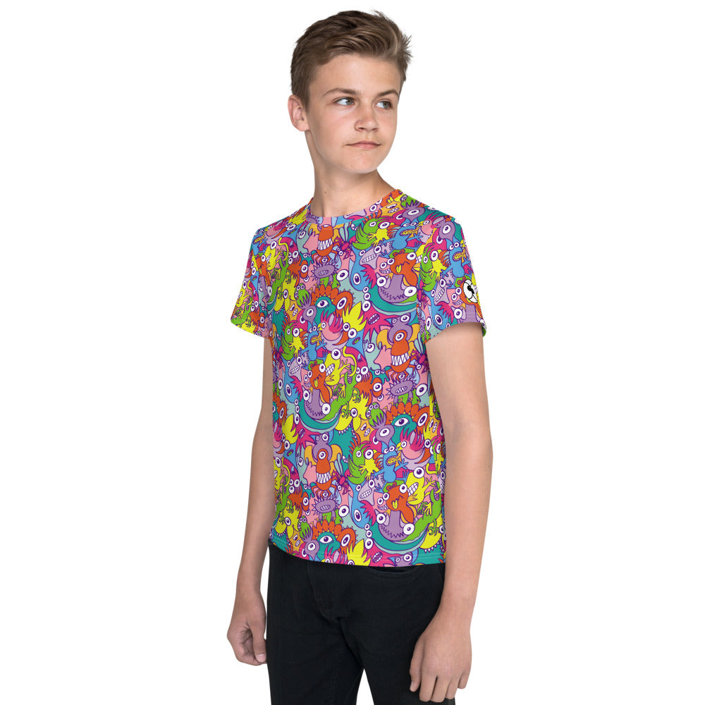Doodle art street parade Youth crew neck t-shirt. Boy wearing All-over print T-Shirt