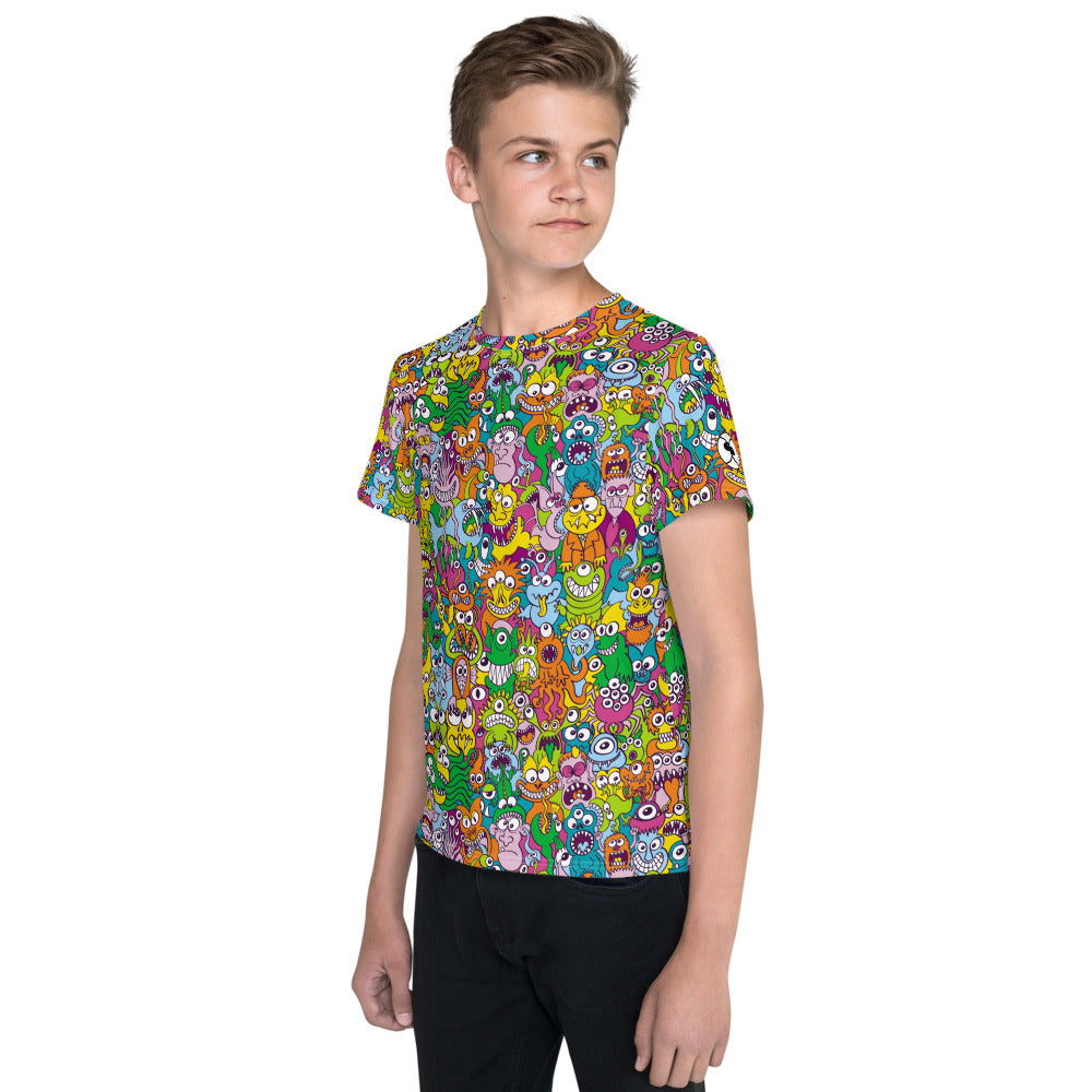 Terrific creatures ready for a horror movie Youth crew neck t-shirt. Boy wearing All-over print T-Shirt