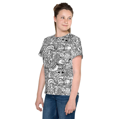 Fill your world with cool doodles Youth crew neck t-shirt. Nice girl wearing all-over print T-Shirt by Zoo&co