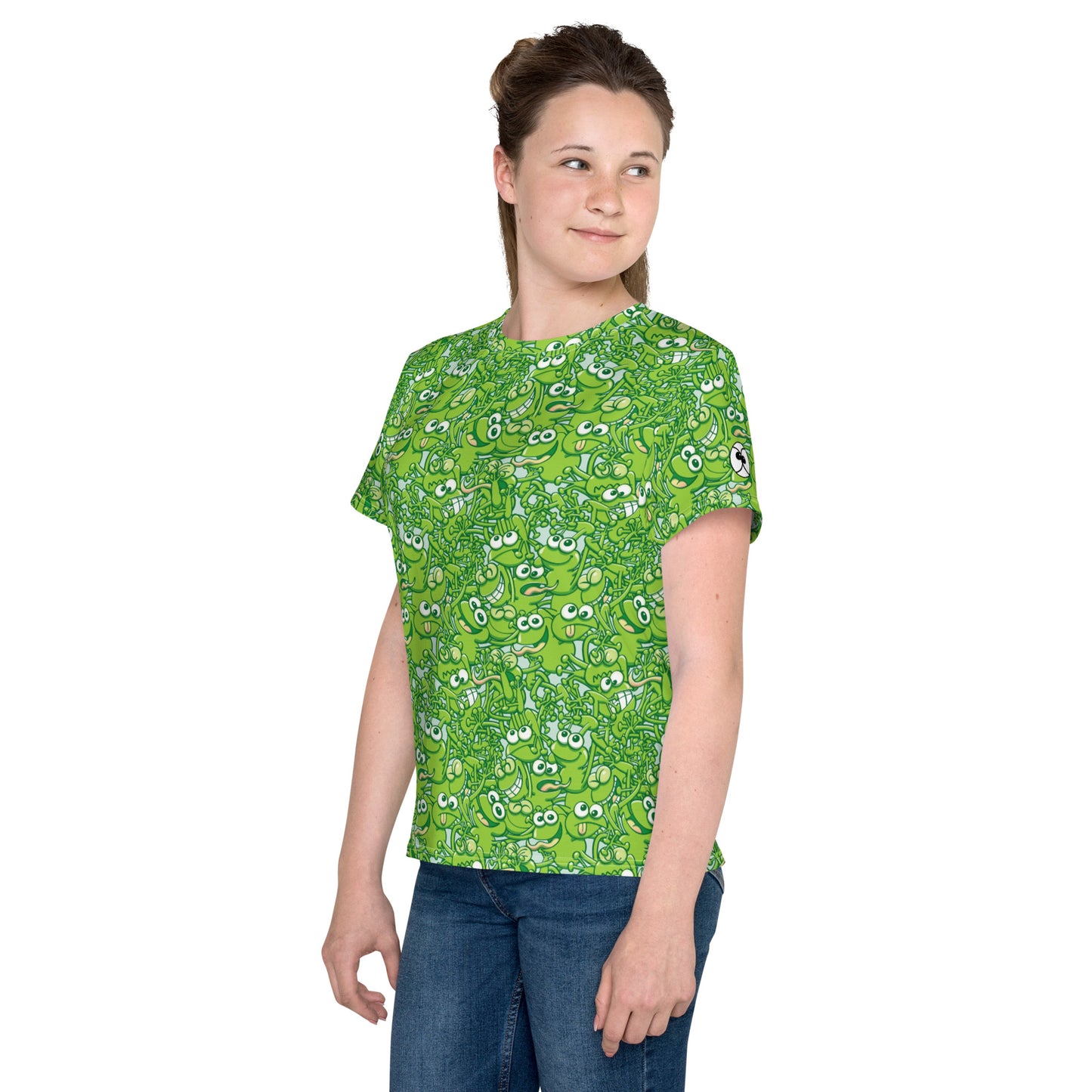 A tangled army of happy green frogs appears when the rain stops Youth crew neck t-shirt. Beautiful girl wearing All over print T-Shirt by Zoo&co