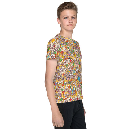 Teen boy wearing Youth crew neck t-shirt all-over printed with Thousands of crazy bunnies celebrating Easter