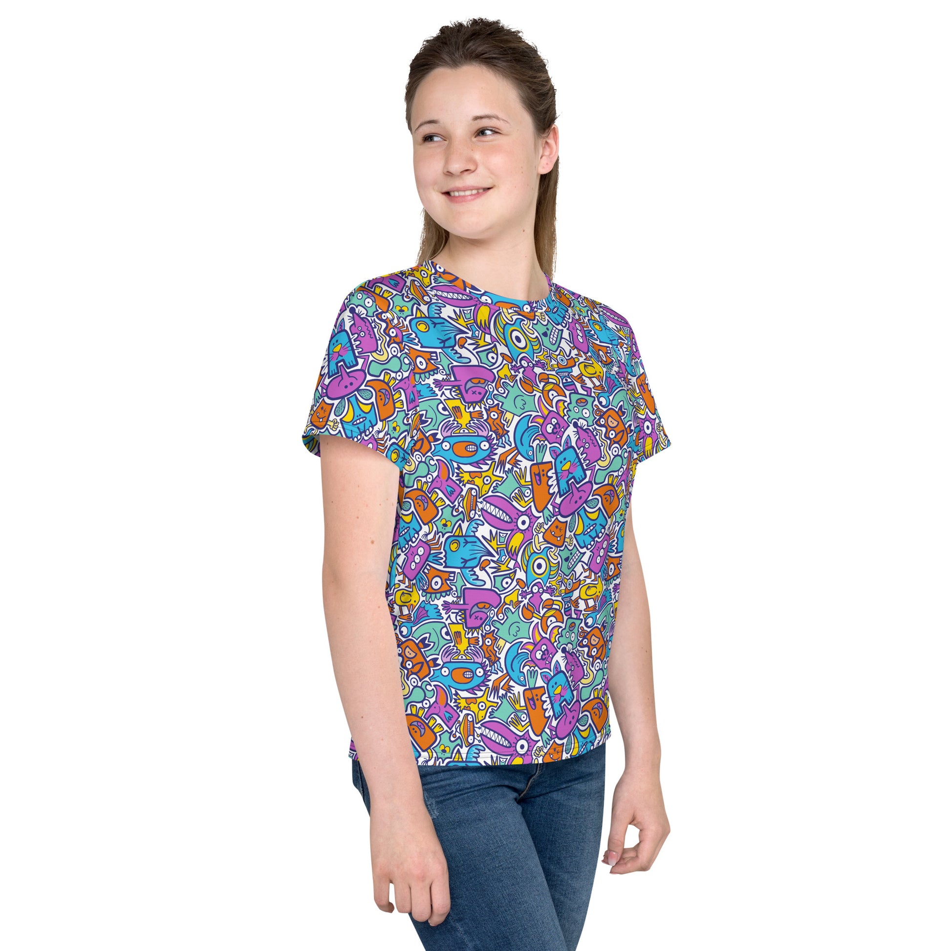 Beautiful girl wearing Youth crew neck t-shirt All-over printed with Funny multicolor doodle world
