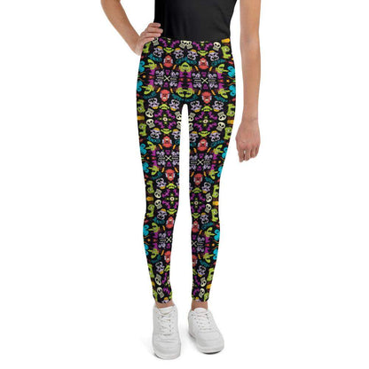 Spooky Halloween characters in a pattern design Youth Leggings-Youth Leggings